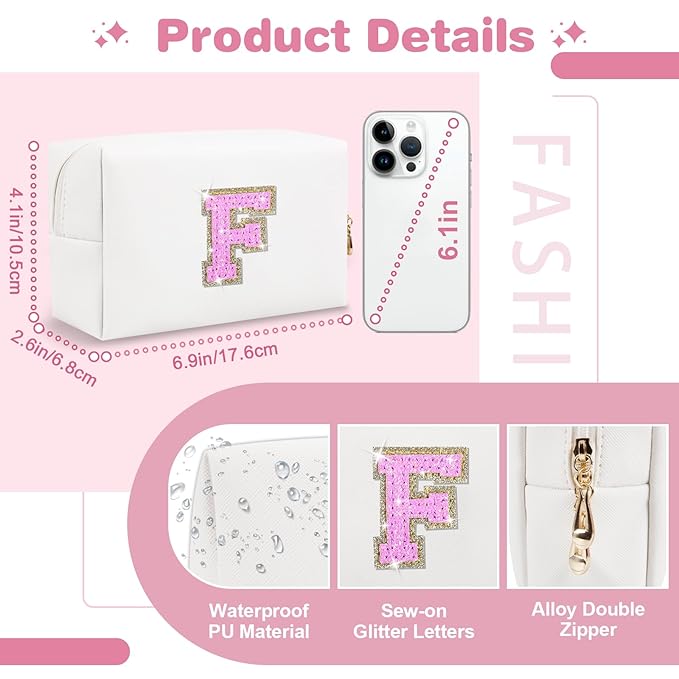 Small Initial Patch Makeup Bag Personalized Gifts Make Up Bag,White Cute PU Leather Glitter Letter Cosmetic Bag with Zipper,Trendy Portable Travel Toiletry Pouch,Preppy Stuff for Teen Girls Women F