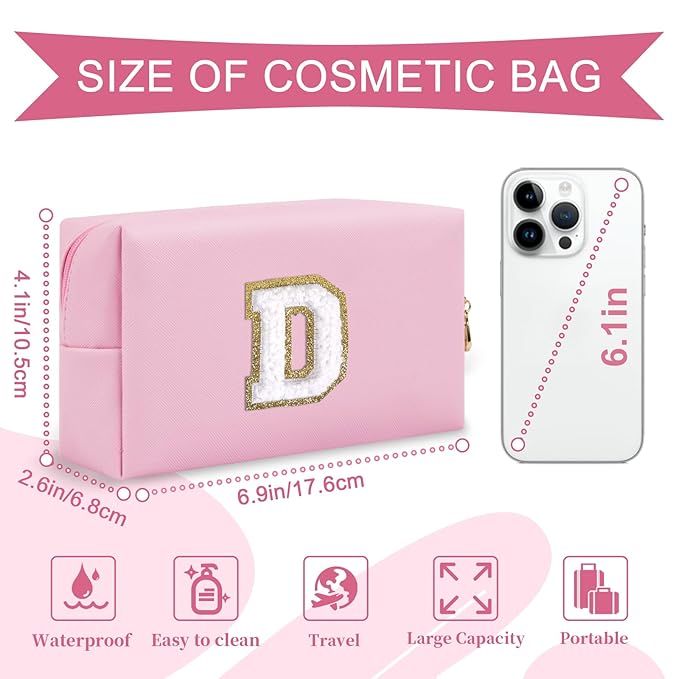 Personalized Initial A-Z Preppy Patch Makeup Bag,Small PU Chenille Letter Cosmetic Bag with Zipper for Teen Girls,Pink Cute Toiletry Organizer Bag,Monogram Makeup Case Gift for Women Girls,Letter D