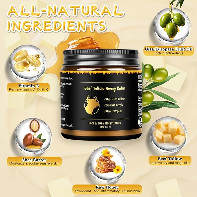 Beef Tallow for Skin, Tallow and Honey Balm for Face, Skin Care Cream Body Butter, Natural Formula, Nourish and Soothe Dry Skin, 120g/4.2oz
