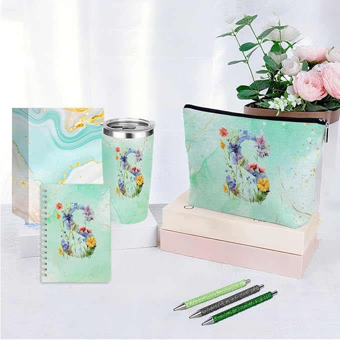 Personalized Gifts for Women Monogrammed Birthday Gifts for Women, Wife Girlfriend Christmas, Initial 20 oz Tumbler, Makeup Cosmetic Bag Cup Pens Journal Notebook 6 Set, (Aesthetic Green Flower S)