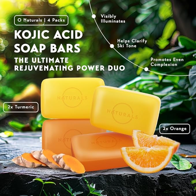 O NATURALS 100% Natural Bar Kojic Acid Soap - Gift Set - Organic Ingredients & Essential Oils - Spa Gifts for Women & Men, Body Wash - 4PC Turmeric