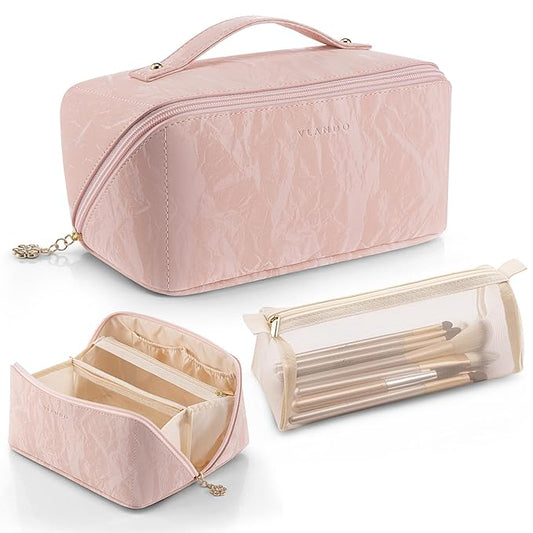 Vlando Makeup Bag,Large Capacity Toiletry Bag for Women Waterproof Portable Make up Pouch PU Leather Open Flat Cosmetic Bag(Sand Pink)