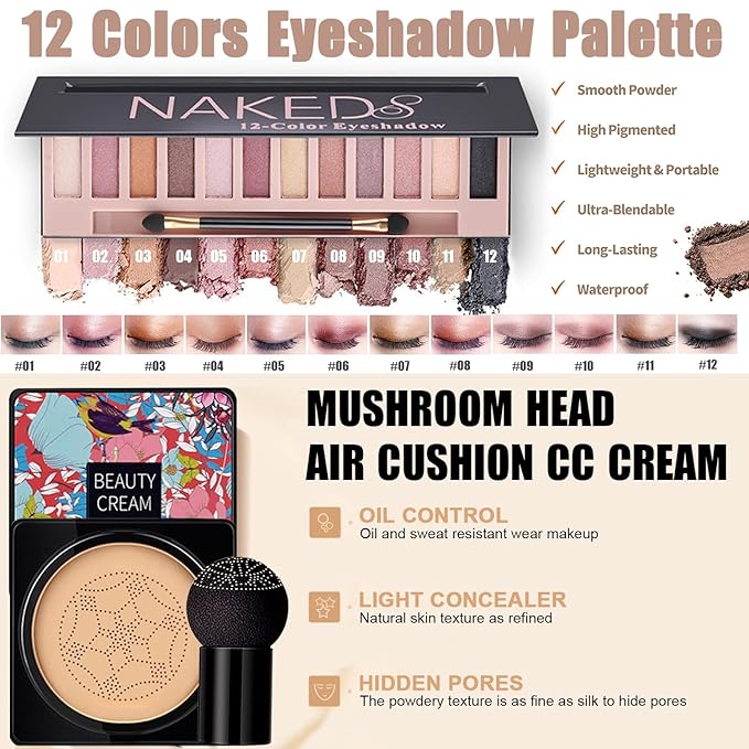 All in One Makeup Kit,Includes Naked Eyeshadow,Liquid Foundation,CC Cream,Lipstick Set,Mascara,Brush,Sponge,Eyebrow Powder,Eyebrow Soap,Eyeliner Stamp, Primer,Contour Stick,Cosmetic Bag