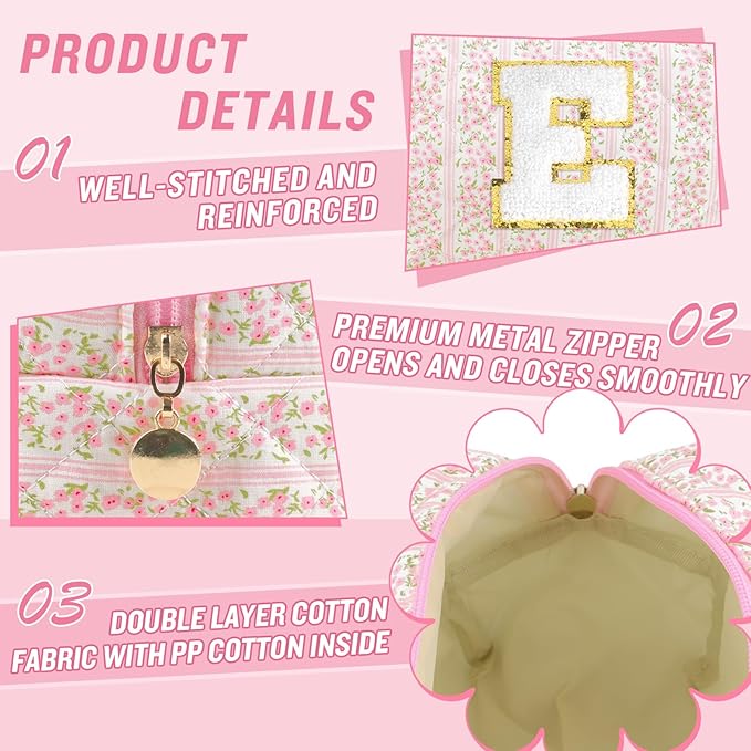 Personalized Quilted Cosmetic Bag, Puffy Monogrammed Christmas Birthday Gifts for Women & Girls, Cute initial Floral Makeup Bag Puffer Coquette Bag, Aesthetic Travel Toiletry Zipper Pouch(Pink,E)
