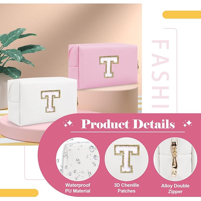 Small Personalized Initial A-Z Preppy Patch Makeup Bag,White PU Chenille Letter Travel Cosmetic Pouch with Zipper,Cute Toiletry Bag,Gift Ideal for Teen Girls Women Teacher Bridesmaid,Letter T