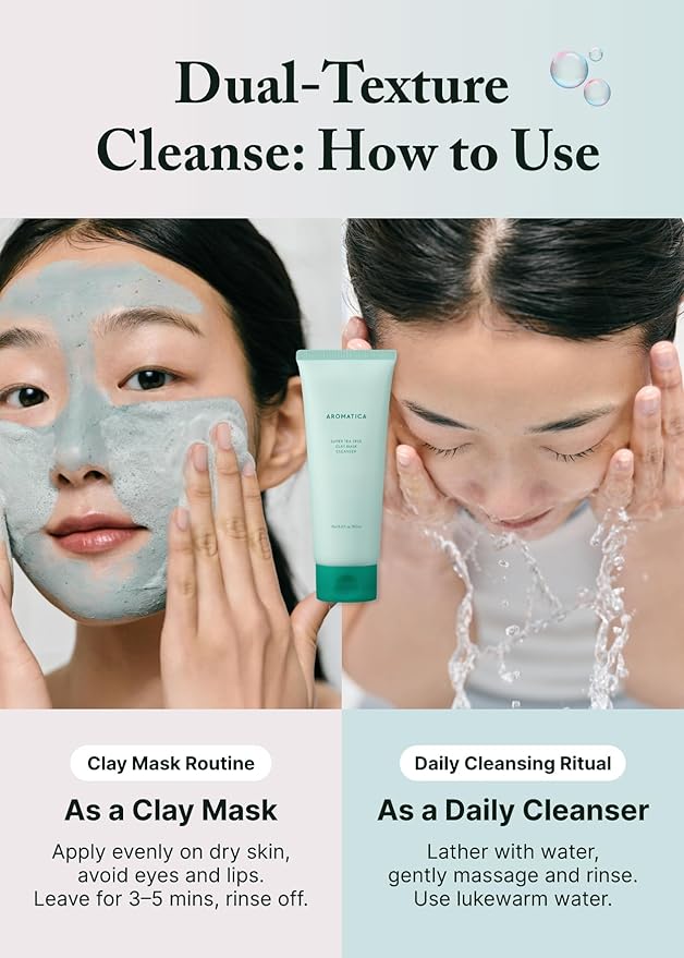AROMATICA Super Tea Tree Clay Mask Cleanser, Blackhead Remover & Pore Minimizer for Face, Korean Face Wash with Tea Tree Oil, 2 In 1 Acne Skin Care Clay Mask & Cleanser, Oil control (5.0 fl oz)