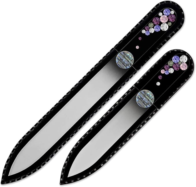Mont Bleu Premium Set of 2 Crystal Nail Files Hand Decorated with Crystals - in Black Velvet Sleeve - Genuine Czech Tempered Glass - Best Glass Nail Files Kit for Natural Nails
