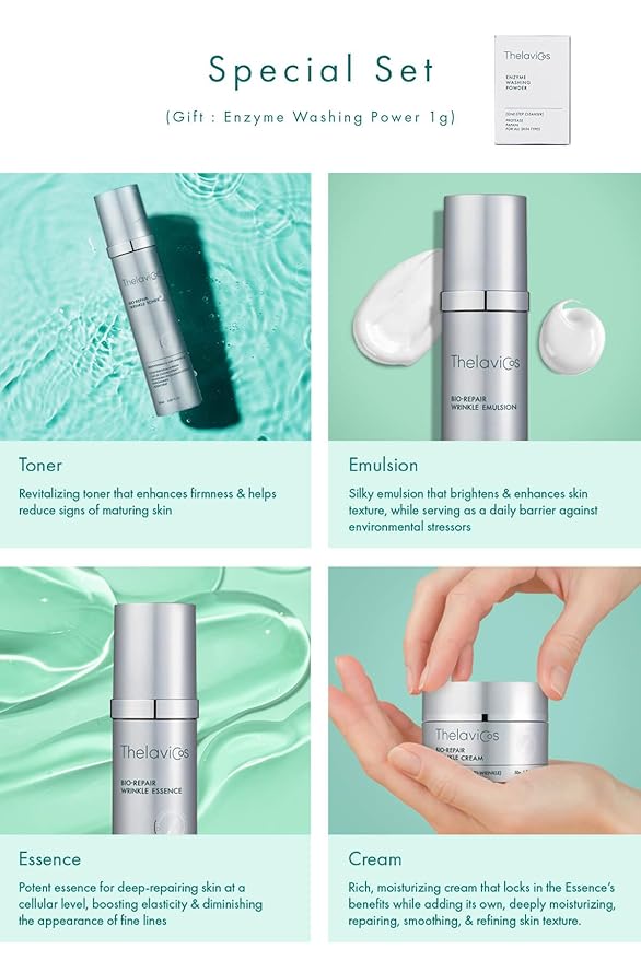 Bio Repair Wrinkle Skin Care Set (4 Pieces) – K-Beauty Renewing Nightly Treatment for Sensitive Skin | Includes Toner 120ml, Emulsion 120ml, Essence 50ml, Cream 50g