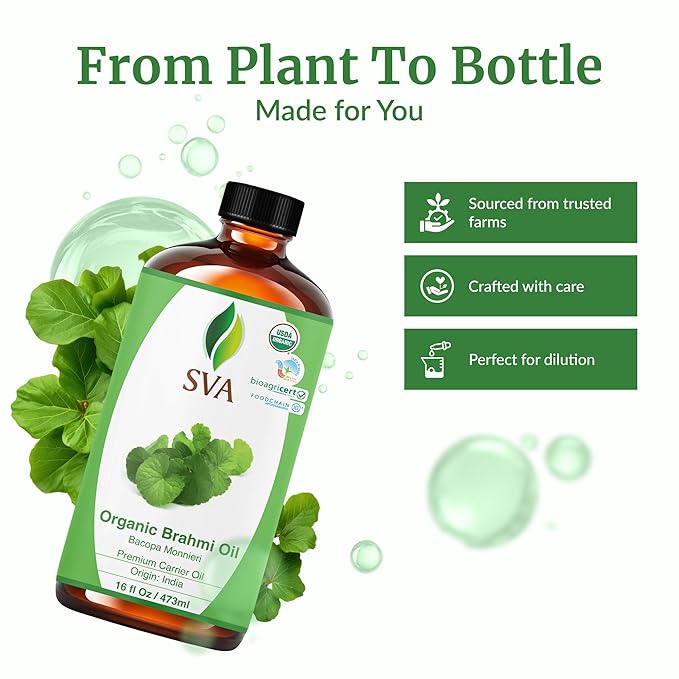 SVA Brahmi Oil Organic - 16 Fl Oz – 100% Natural Cold Pressed Organic Brahmi- for Face, Skin Care, Hair Care, Scalp Massage & Body Massage – Carrier Oil