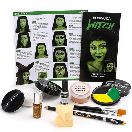 Halloween Witch Makeup, Complete Green Witch Make Up Kit SFX Character Set with Face Paint, Scar Wax for Special Effects Costume Makeup, Dress-Up Cosplay Party, Stage & Theater