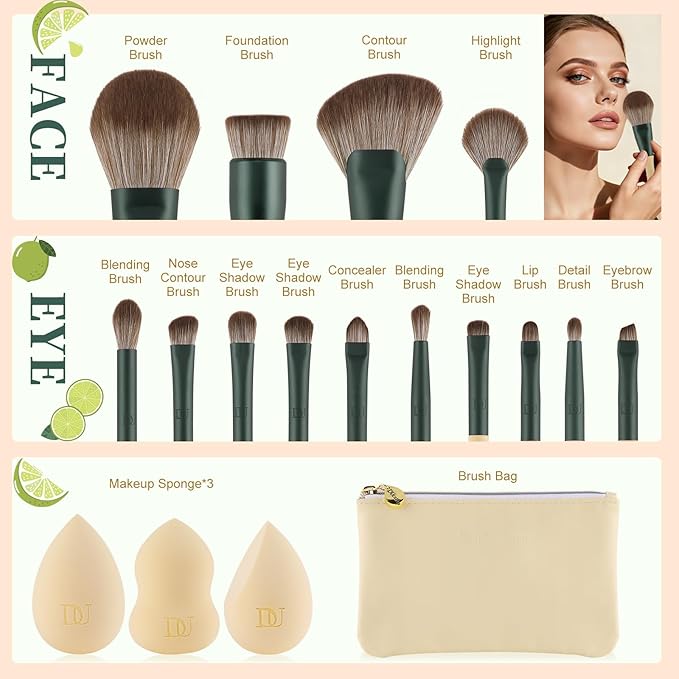 DUcare Makeup Brushes 14Pcs with 3Pcs Christmas Sponges Cosmetic Bag Makeup Brush Set for Foundation Blending Face Powder Blush Concealers Eye Shadows