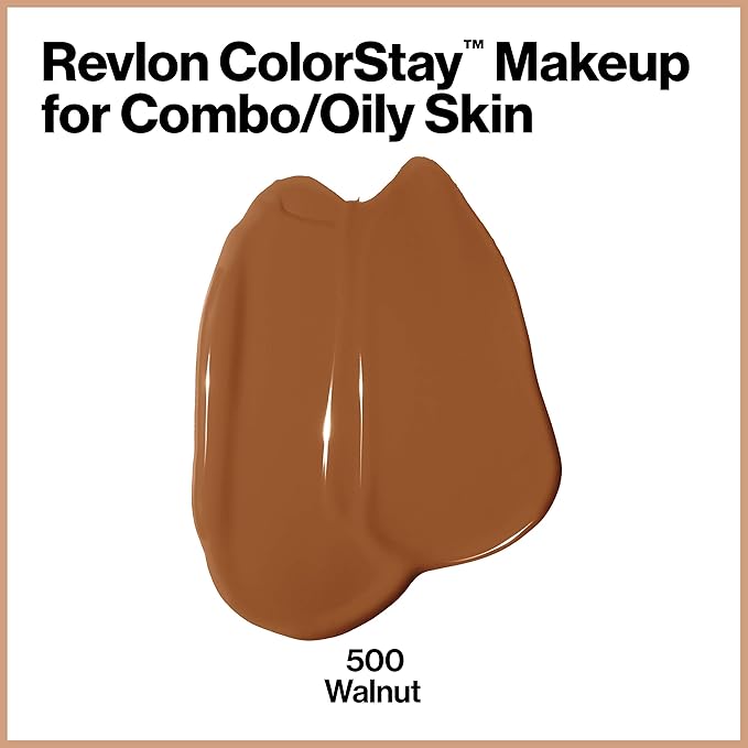 Revlon Liquid Foundation, ColorStay Face Makeup for Combination & Oily Skin, SPF 15, Medium-Full Coverage with Matte Finish, Walnut (500), 1.0 oz