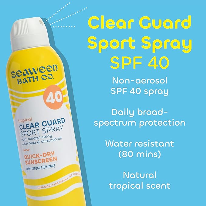 Seaweed Bath Co. Clear Guard SPF 40 Sport Broad Spectrum Sunscreen Spray, 6 Ounce, Sustainably Harvested Seaweed, Aloe, Avocado Oil
