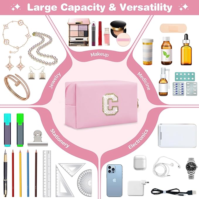 Small Personalized Initial A-Z Patch Makeup Bag,Pink Cute PU Leather Glitter Letter Cosmetic Bag for Teen Girls,Travel Toiletry Bag with Zipper,Preppy Monogrammed Birthday Gift for Daughter Niece C