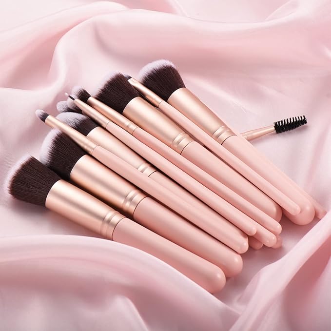 14 Piece Pink Makeup Brushes-Wooden Handle with Soft Synthetic Bristles,for Face & Eye Makeup|Professional Makeup Brushes set for Women & Girls|