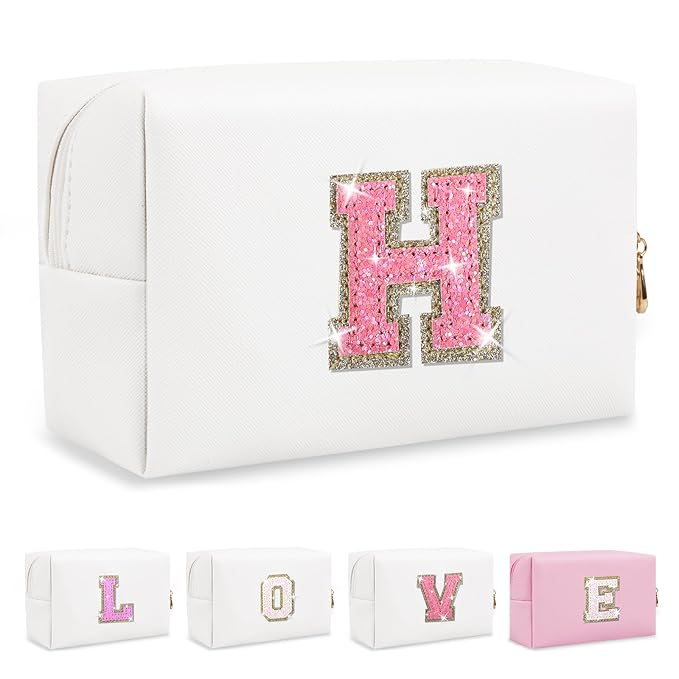 Small Initial Patch Makeup Bag Personalized Gifts Make Up Bag,White Cute PU Leather Glitter Letter Cosmetic Bag with Zipper,Trendy Portable Travel Toiletry Pouch,Preppy Stuff for Teen Girls Women H