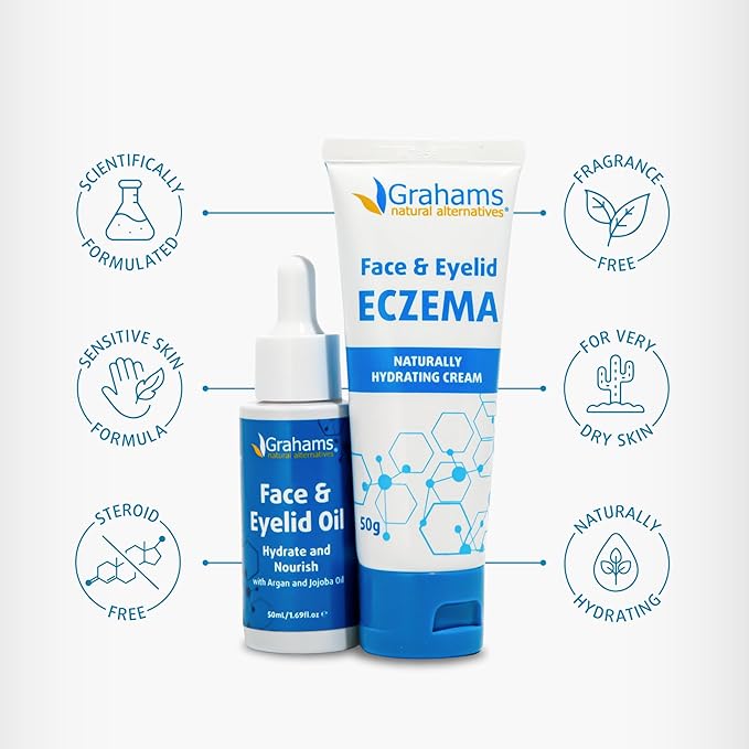 Grahams Natural Face & Eyelid Eczema Relief Kit - Treatment for Dry Skin, Eczema, Perioral & Seborrheic Dermatitis | Itch Relief - Moisturizing Face Cream (1.76 fl oz) + Eyelid Oil (1.69 fl oz)