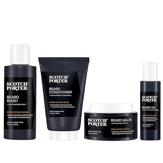 Scotch Porter Beard Kit – Cleanse, Moisturize, Soothe & Style Coarse, Dry Facial Hair for a Fuller/Healthier-Looking Beard – Includes Wash, Conditioner, Oil & Balm