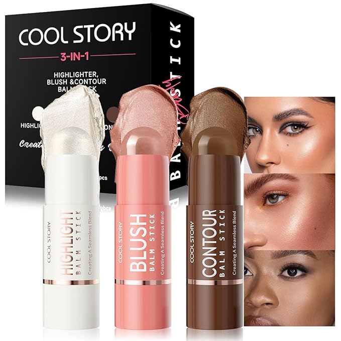 3-in-1 Highlighter,Blush and Contour Sticks Trio with Highlighter Stick Contour Stick and Blush Stick for Cheeks and Face Makeup (Set B Medium)