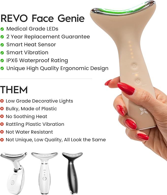REVO Genie | 3-in-1 Face & Neck Beauty Massager with Heat, 3 Light Therapies, Smart Vibration | Powerful Red Light, Blue Light, and Green Light Therapy for Wrinkles, Hyperpigmentation, Acne & More