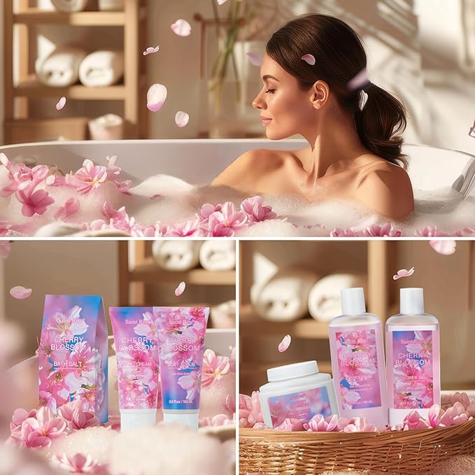 Bath & Body Gift Set, Luxury Home Spa Bath Gift Basket, Cherry Blossom Scented Bath Set, Pamper Gifts for Women & Teens, 12 Pcs Relaxing Home Spa Kit for women Body Kit Birthday Gift teacher's day