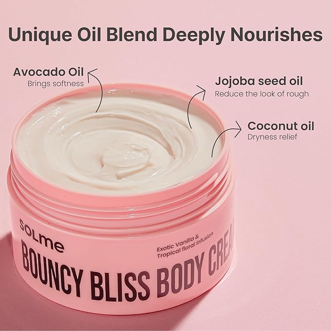 SOLME Bouncy Bliss Body Cream | Skin Tightening Body Butter with Coconut & Jojoba Oil, Collagen & Avocado Extract | Glowing Skin | Peach Vanilla Scent | K-Beauty, 6.76 fl. oz.