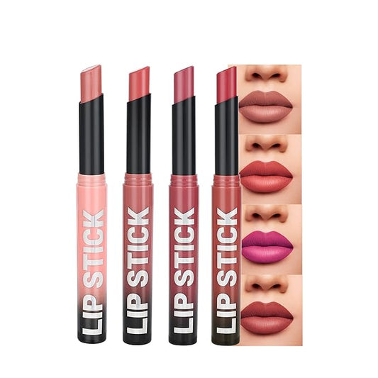 4Pcs Pink Nude Peach Light Purple Rose Wood Matte Lipstick Set，Creamy Matte+Lipsticks，Hydrating Balm-in-Lipstick，Velvety Finish for Women Daily Lip Makeup，High-pigment Formula，Easy to use and color