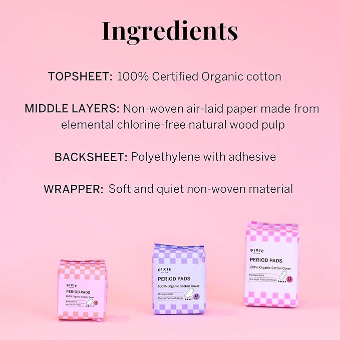 Pixie Organic Cotton Pads for Women - Ultra Thin with Wings, Leak-Proof & Moisture-Wicking - Compostable, Unscented Menstrual Pads - Regular Absorbency - 48 Count