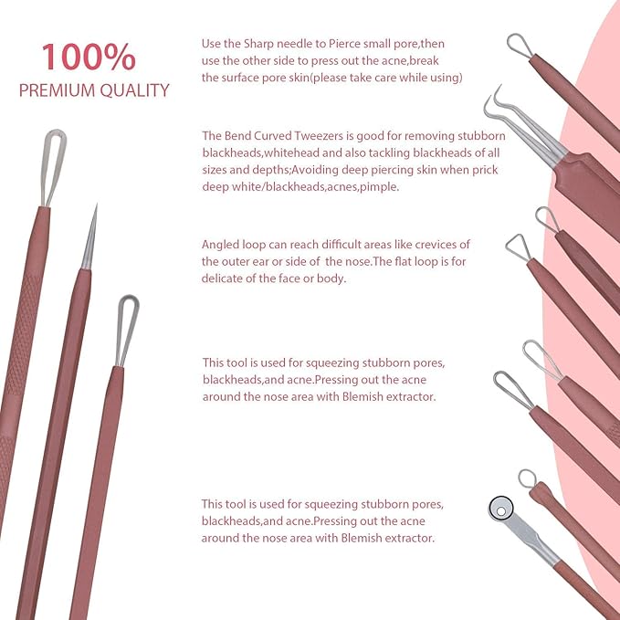 JPNK Blackhead Remover Tool Comedones Extractor Acne Removal Kit for Blemish, Whitehead Popping, 6 Pcs Zit Removing for Nose Face Tools with a Leather Bag (Pink)
