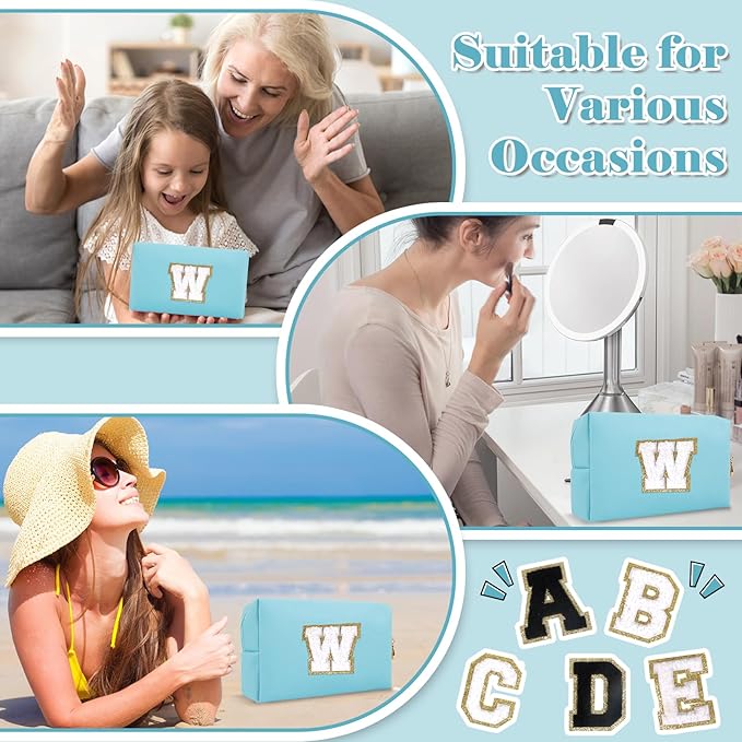 Small Personalized Initial A-Z Preppy Patch Makeup Bag,PU Chenille Letter Travel Cosmetic Pouch with Zipper,Blue Cute Toiletry Bag,Gift Ideal for Teen Girls Women Teacher Bridesmaid,Letter W