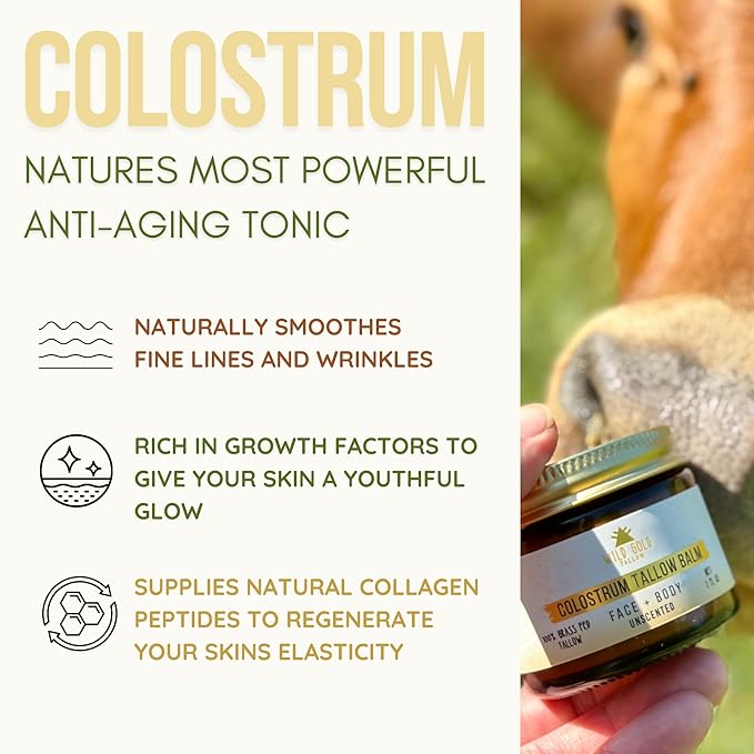 100% Grass Fed Tallow Balm with Colostrum & Emu Oil - Handmade Whipped Beef Tallow for Face and Body, Sensitive Skin Tallow Moisturizer made with True First Colostrum