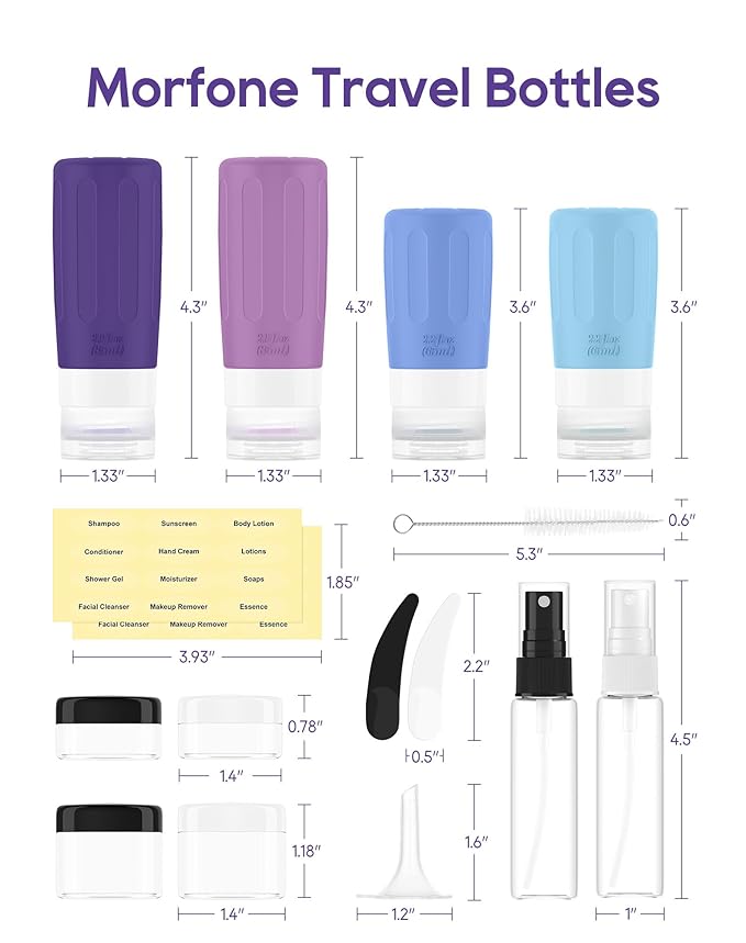 Morfone 16 Pack Silicone Travel Bottles Set for Toiletries TSA Approved Travel Containers Leakproof Squeezable Refillable Accessories 2oz 3oz for Shampoo Conditioner Lotion Liquids (Blue Purple)