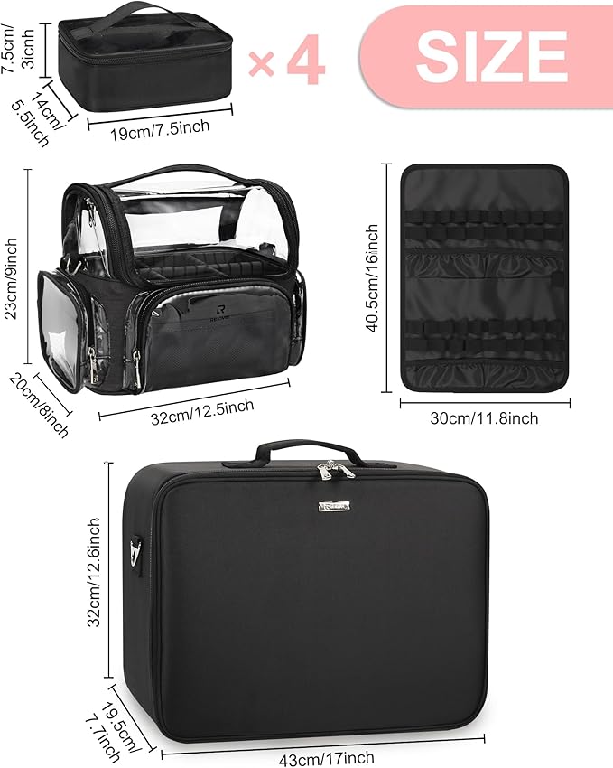 Relavel Extra Large Makeup Case Professional Cosmetic Storage Organizer Box Brush Holder with 4 Clear Set Bags & Lipstick Plate & Clear Makeup Brush Case for Makeup Artists Black