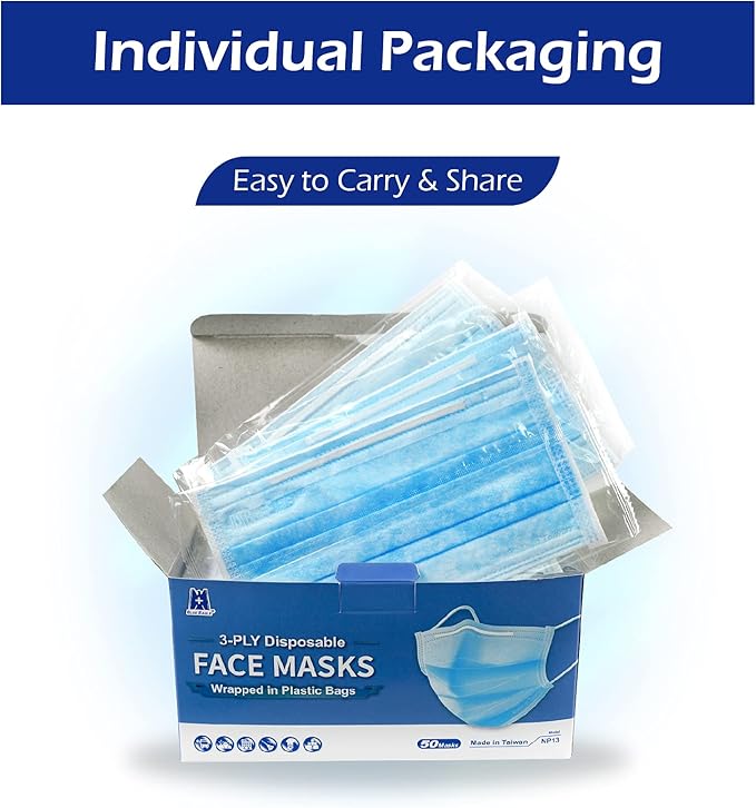 3-PLY BlueEagle Individually Wrapped Disposable Adult Face Masks | Fit for Large Face | with Soft Comfortable Inner Layer | For Men and Women | Blue Color - 50 Pcs (Sky Blue)