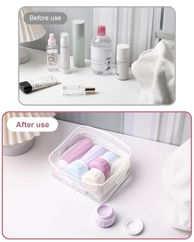 Travel Bottles for Toiletries 8 Pack, Travel Size Toiletries, Tsa Approved Travel Size Containers 3oz, with Travel Essentials Clear Bag, Leak Proof Silicone Squeezable Creams Jars