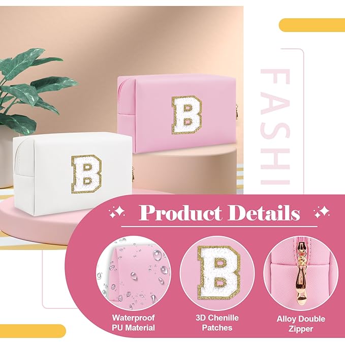 Personalized Initial A-Z Preppy Patch Makeup Bag,Small PU Chenille Letter Cosmetic Bag with Zipper for Teen Girls,Pink Cute Toiletry Organizer Bag,Monogram Makeup Case Gift for Women Girls,Letter B