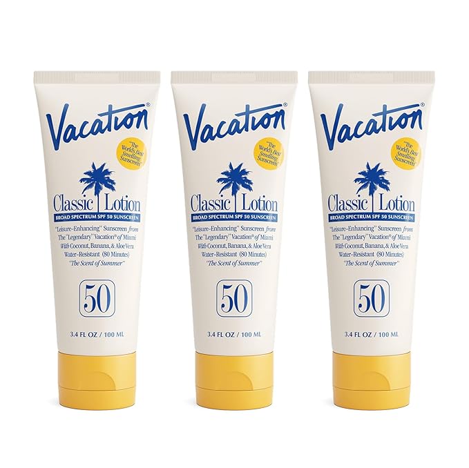 Vacation Classic Sunscreen Lotion SPF 50, Water-Resistant, Lightweight, Transparent on All Skin Tones, Dermatologist-Tested, Vegan, Travel Size, 3.4 Fl. Oz. (Value Pack of 3)
