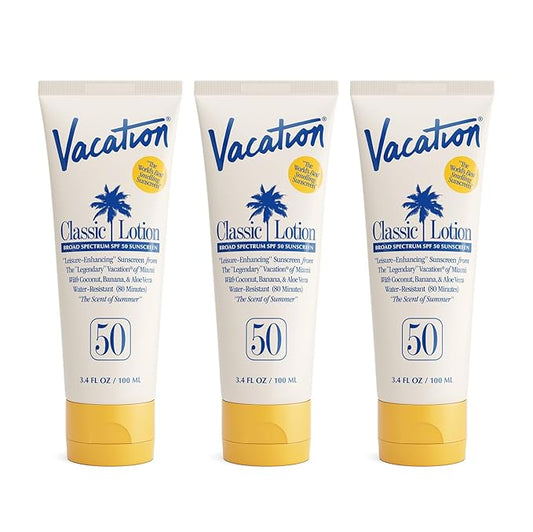 Vacation Classic Sunscreen Lotion SPF 50, Water-Resistant, Lightweight, Transparent on All Skin Tones, Dermatologist-Tested, Vegan, Travel Size, 3.4 Fl. Oz. (Value Pack of 3)