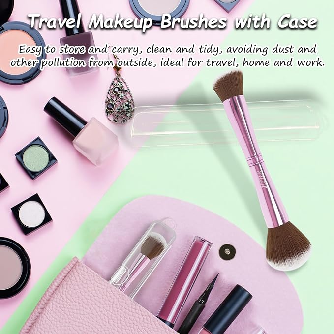 4 in 1 Makeup Brush Set, Travel Makeup Brushes with Case, Foundation Brush/Blush Brush, Eyeshadow Powder Brush,Concealer Brush (pink-plastic case)