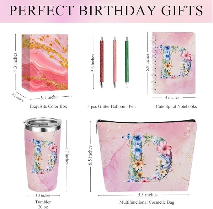 Personalized Gifts Monogrammed Birthday Gifts for Women, Boss Teacher Appreciation Christmas Initial 20 oz Tumbler, Makeup Bag Cup Ballpoint Pens Journal Notebook 6 Set, (Aesthetic Pink Flower D)