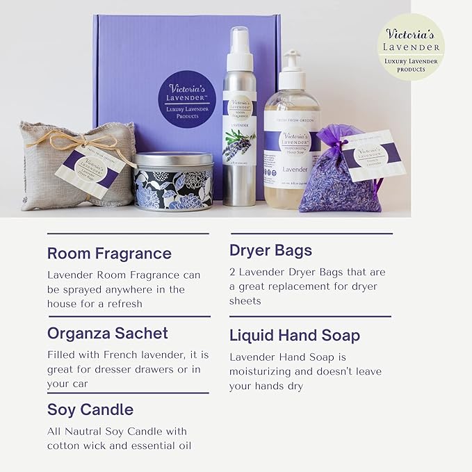 Victoria's Lavender Home Essential Products Set - Made in the USA Collection, Includes Soy Candle, Room Spray, Hand Soap, Organza Sachets, Dryer Bags, Ideal Gift Set for Home Buyers - Lavender (5 Pcs)
