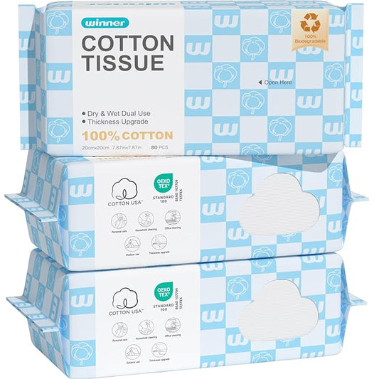 Winner Soft Face Towels, Upgraded Thicker 100% USA Cotton Dry Wipes, Unscented and Gentle on Sensitive Skin, Disposable Makeup Remover and Facial Towelettes (240 Count, Pack of 3)