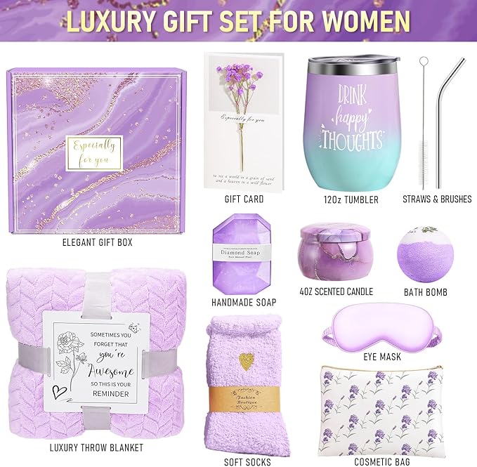 Happy Birthday Gifts for Women Self Care Gift, Relaxing Care Package Get Well Soon Spa Gift Basket with Luxury Blanket, Mothers Day, Brithday Gifts for Mom Her Friend Sister Wife