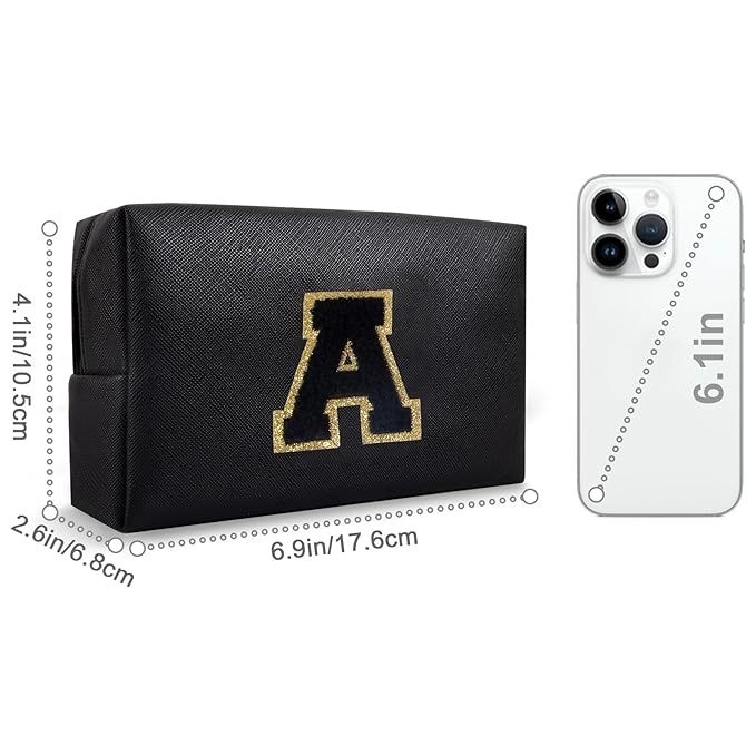 Personalized Initial A-Z Preppy Patch Makeup Bag,Small PU Chenille Letter Cosmetic Bag with Zipper for Teen Girls,Black Cute Toiletry Organizer Bag,Monogram Makeup Case Gift for Women Girls,Letter A