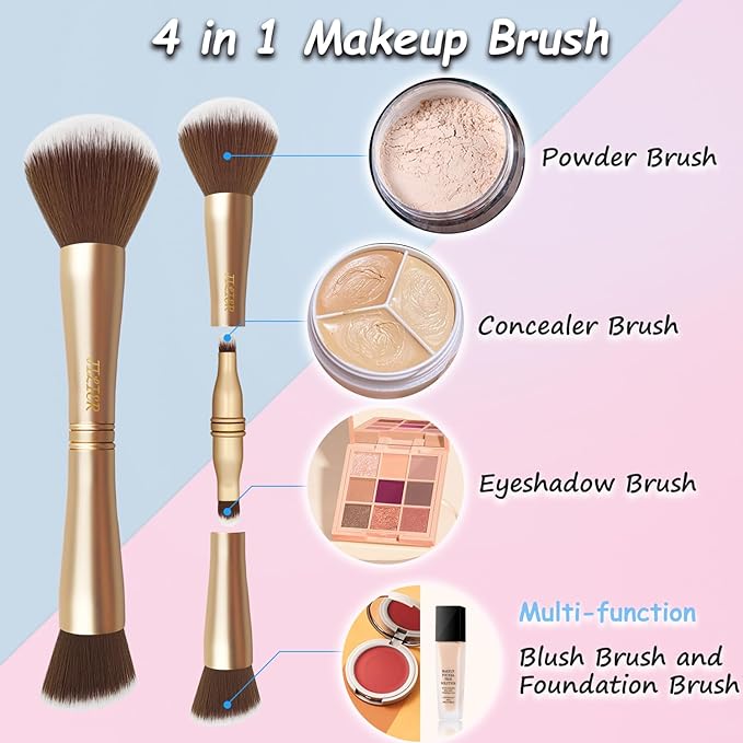 4 in 1 Makeup Brush Set, Travel Makeup Brushes with Case, Foundation Brush/Blush Brush, Eyeshadow Powder Brush,Concealer Brush (gold-plastic case)