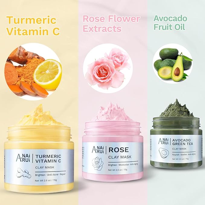 ANAI RUI Turmeric Vitamin C Clay Mask -Rose Facial Mask -Avocado Green Tea Mud Mask,Facial Mask Skincare for Deep Cleansing,Purify Pores, SPA Mask Set, Facial Mask Set Gifts Set 2.5 oz each