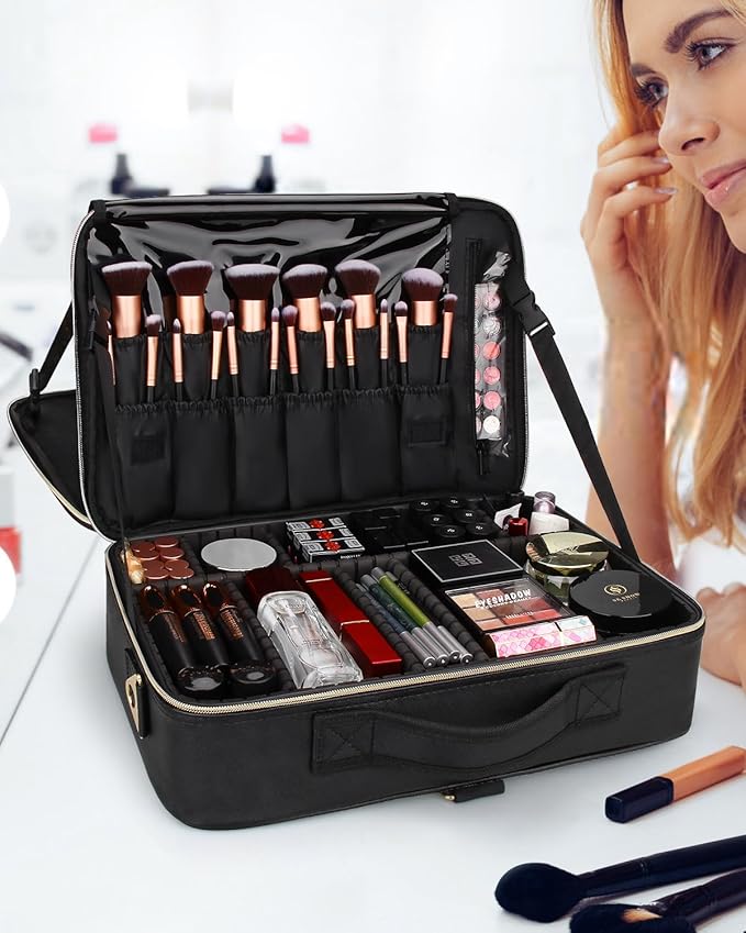 MONSTINA Large Makeup Travel Case Bag,Professional Makeup Artist Train Case with Brush organizer,Large Capacity Cosmetic Bag with Zipper Pocket and Adjustable Compartment（PU Leather Black）