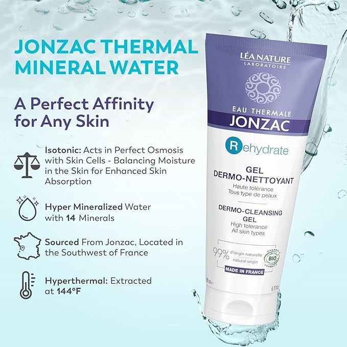 Eau Thermale Jonzac Rehydrate Organic Dermo Cleansing Gel - Gentle Daily Facial Cleanser - Sensitive Skin Approved - Leaves Skin Feeling Smooth & Hydrated - 6.75 Fl oz