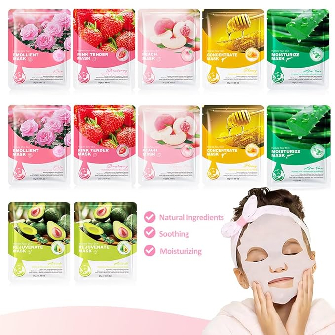 Kaely 12 Pack Variety Face Masks for Kids, Kids Face Mask Spa Day Kit Supplies, Spa Party Favors for Teens Girls Night, Sheet Facial Mask Skincare Gifts Set, Hydrating Soothe for All Skin Types, 02