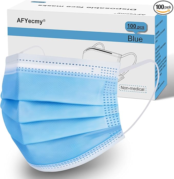 Disposable Face Masks, 3-Ply Breathable Dust Protection for Daily Use, Comfortable Elastic Earloops, Blue, 100-Pack